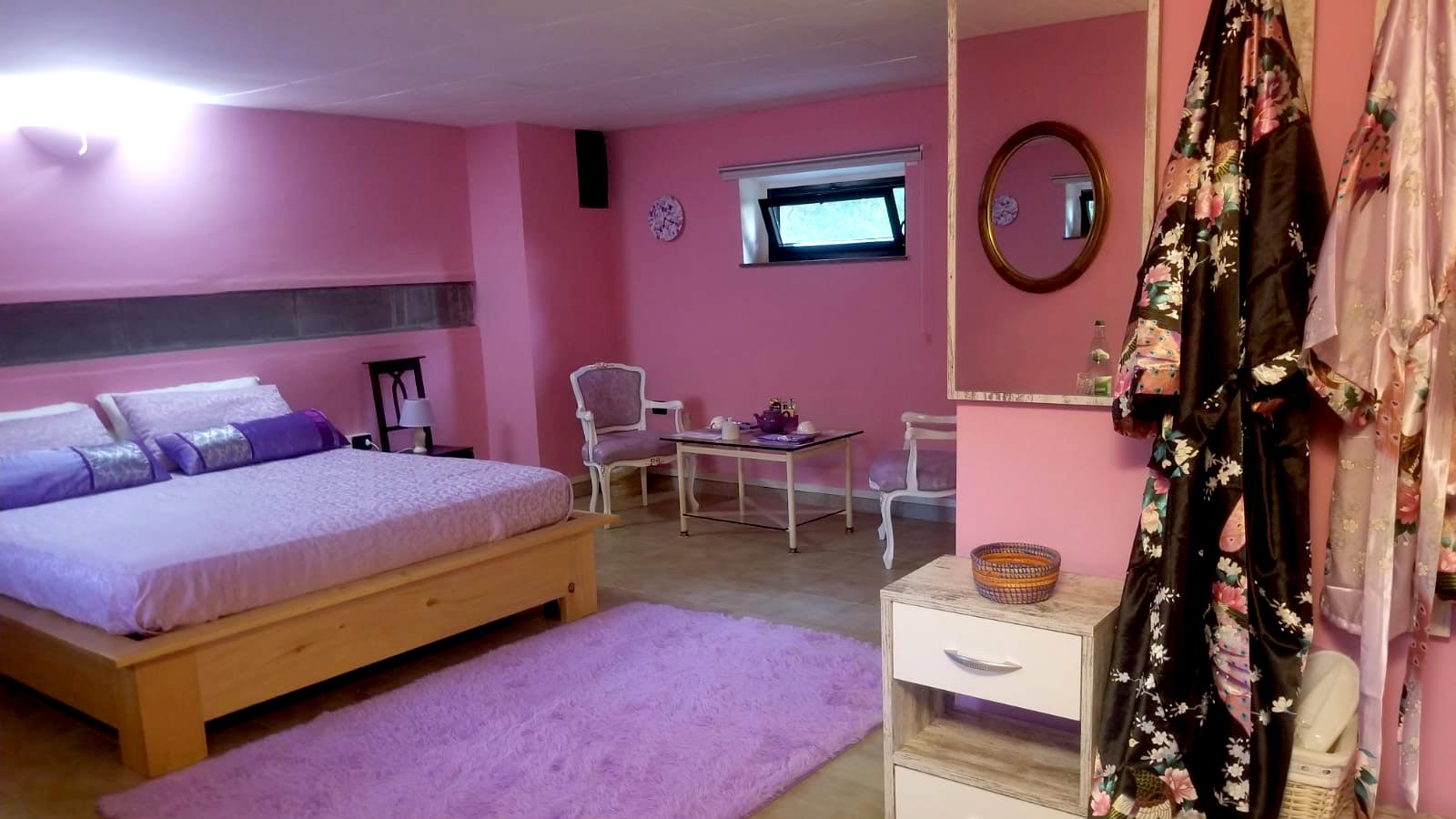 stanza lilla con letto e tappeto